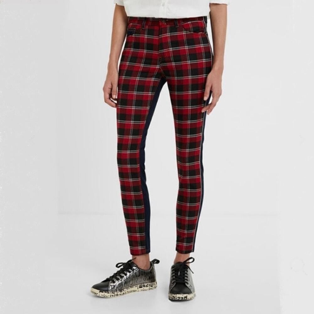 NWT Desigual Red‎ Plaid Front Skinny Jeans Size 2